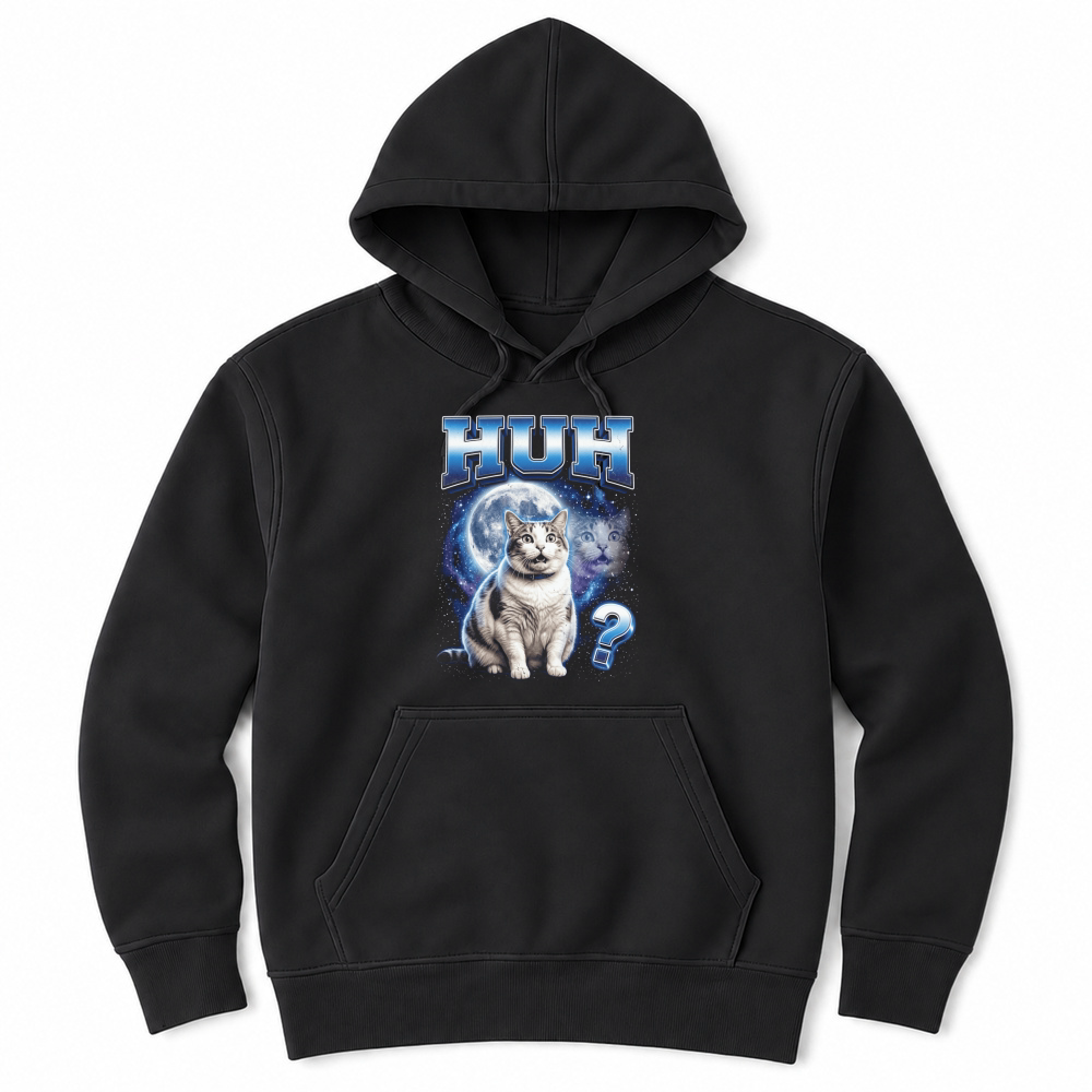 Product huh cat startled moon galaxy question Unisex Hoodie
