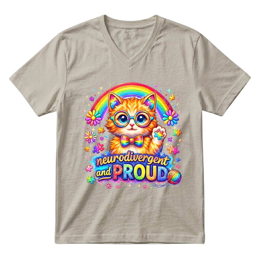 Product Neurodivergent and Proud Autism Cat V-Neck T-shirt