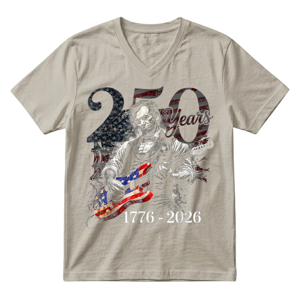 Product Abraham Lincoln Playing Guitar 4th July 250th Anniversary V-Neck T-shirt