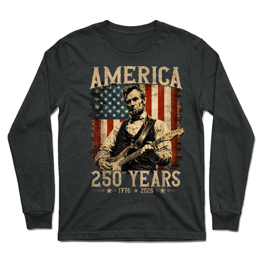 Product Abraham Lincoln Playing Guitar Rock and Roll American Flag Unisex Longsleeve