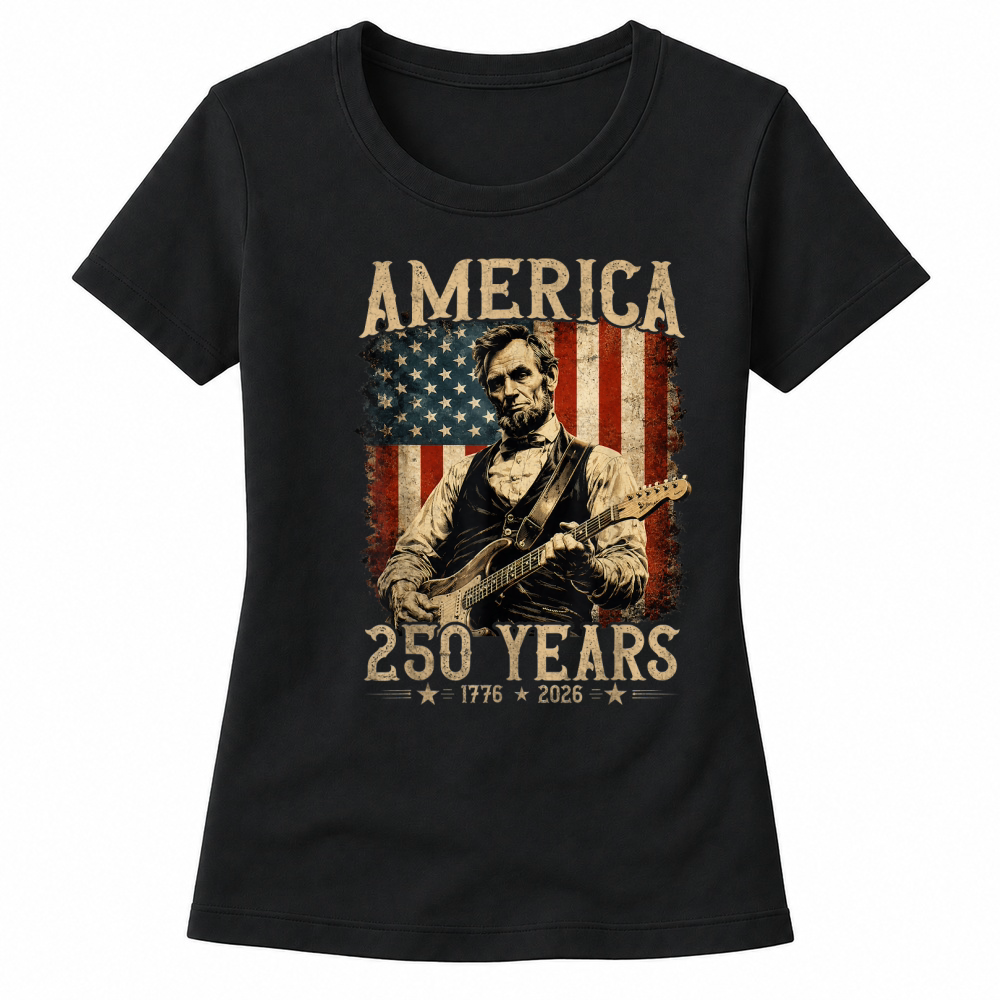 Product Abraham Lincoln Playing Guitar Rock and Roll American Flag Women's T-shirts