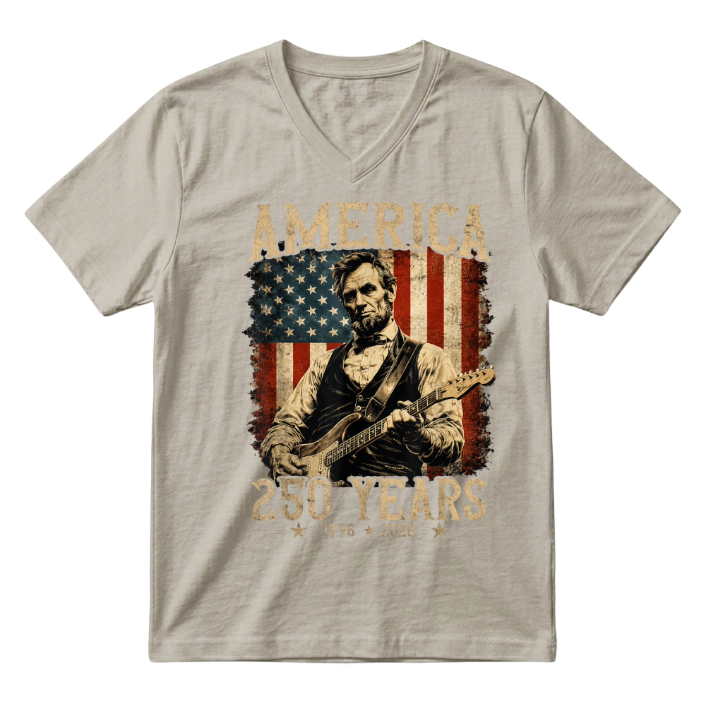 Product Abraham Lincoln Playing Guitar Rock and Roll American Flag V-Neck T-shirt