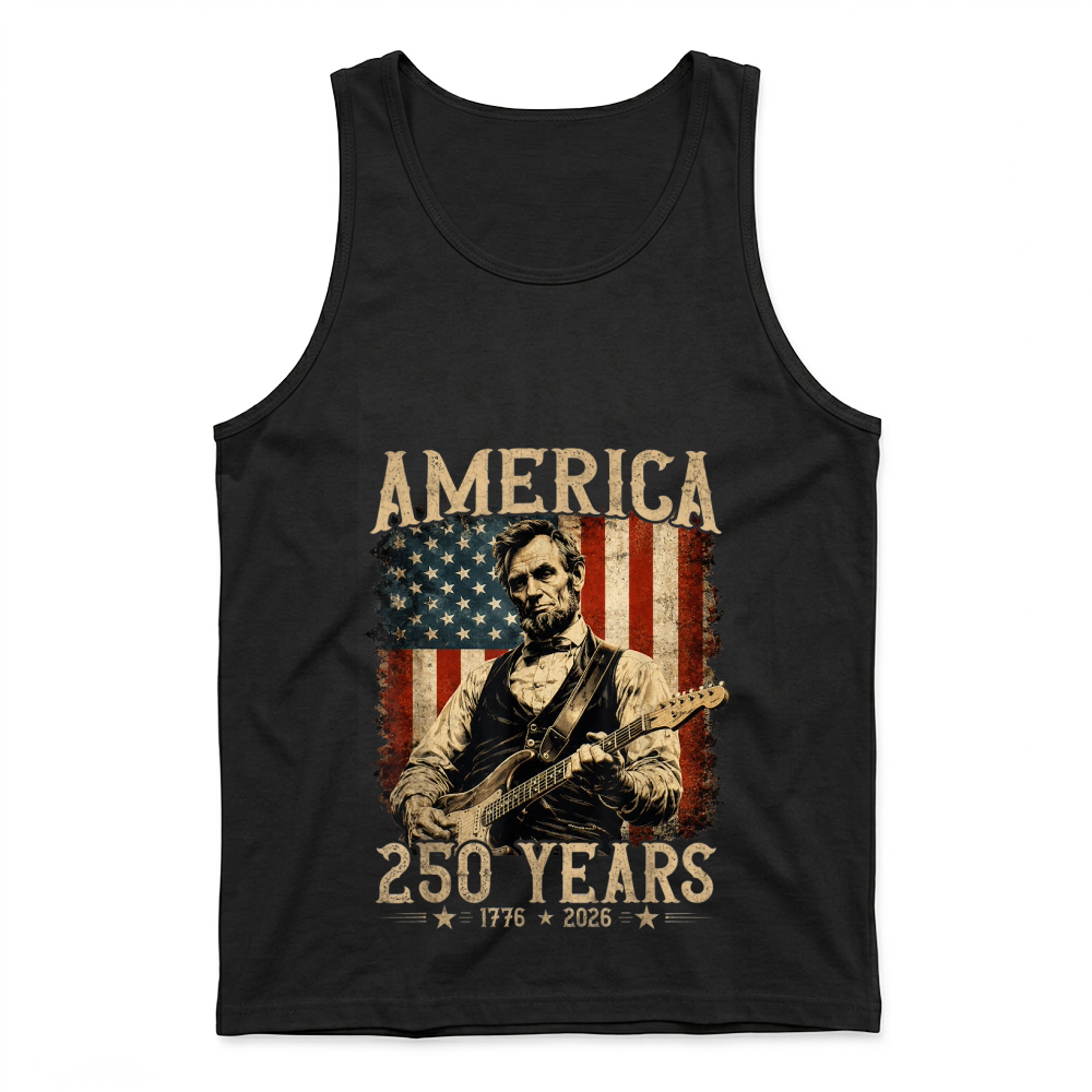 Product Abraham Lincoln Playing Guitar Rock and Roll American Flag Tank Top