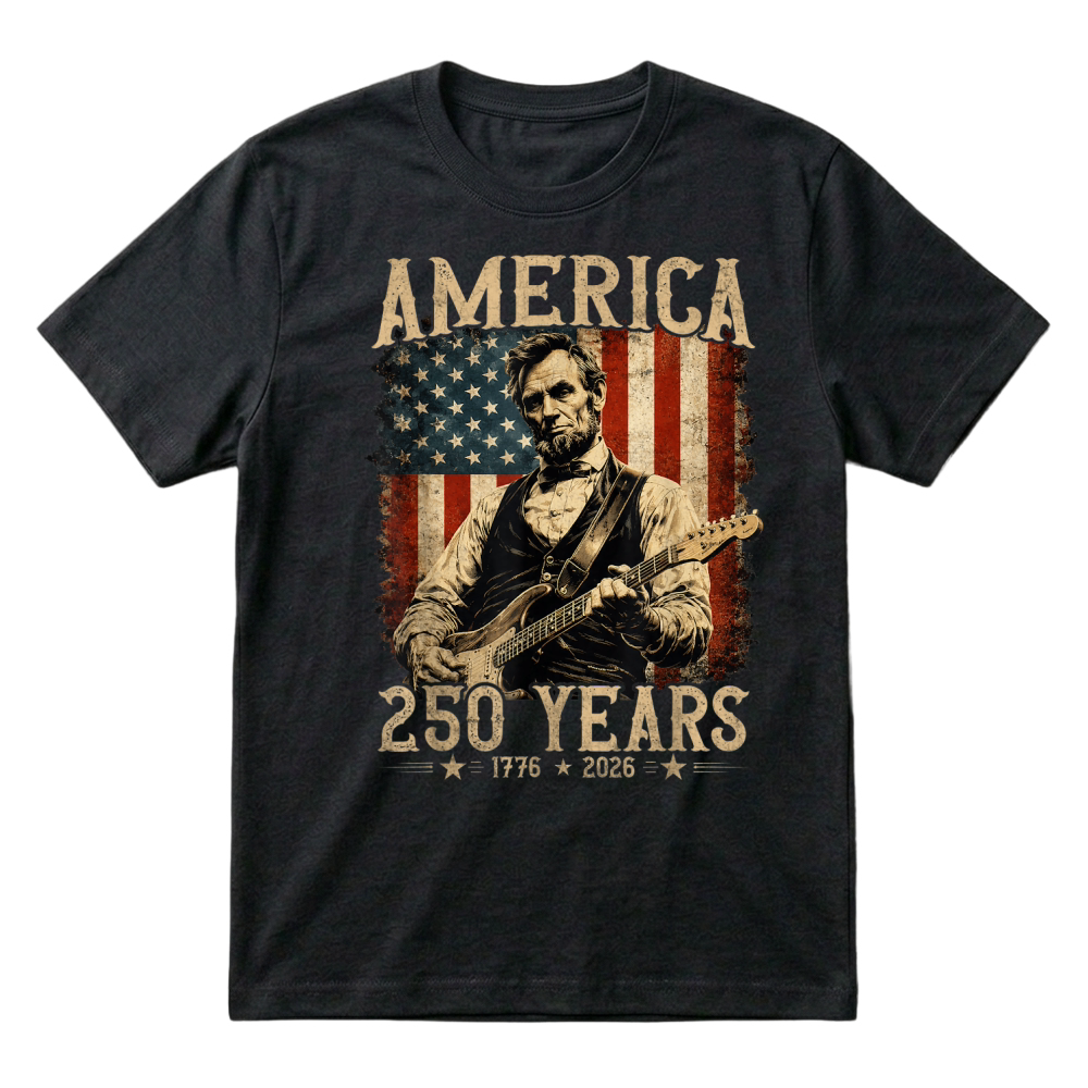 Product Abraham Lincoln Playing Guitar Rock and Roll American Flag T-Shirt