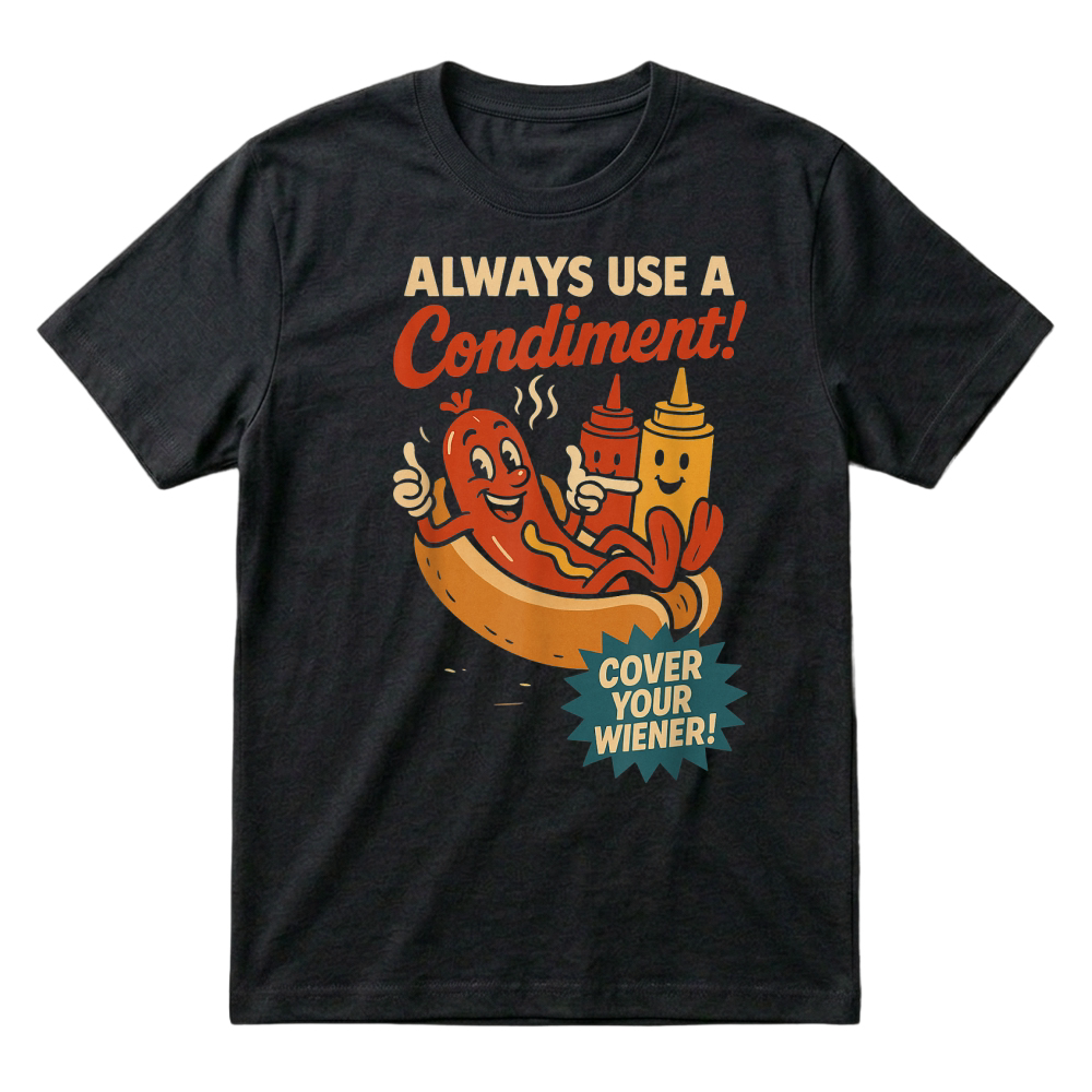 Product Always Use a Condiment Cover Your Wiener Funny Hot Dog T Shirt T-Shirt