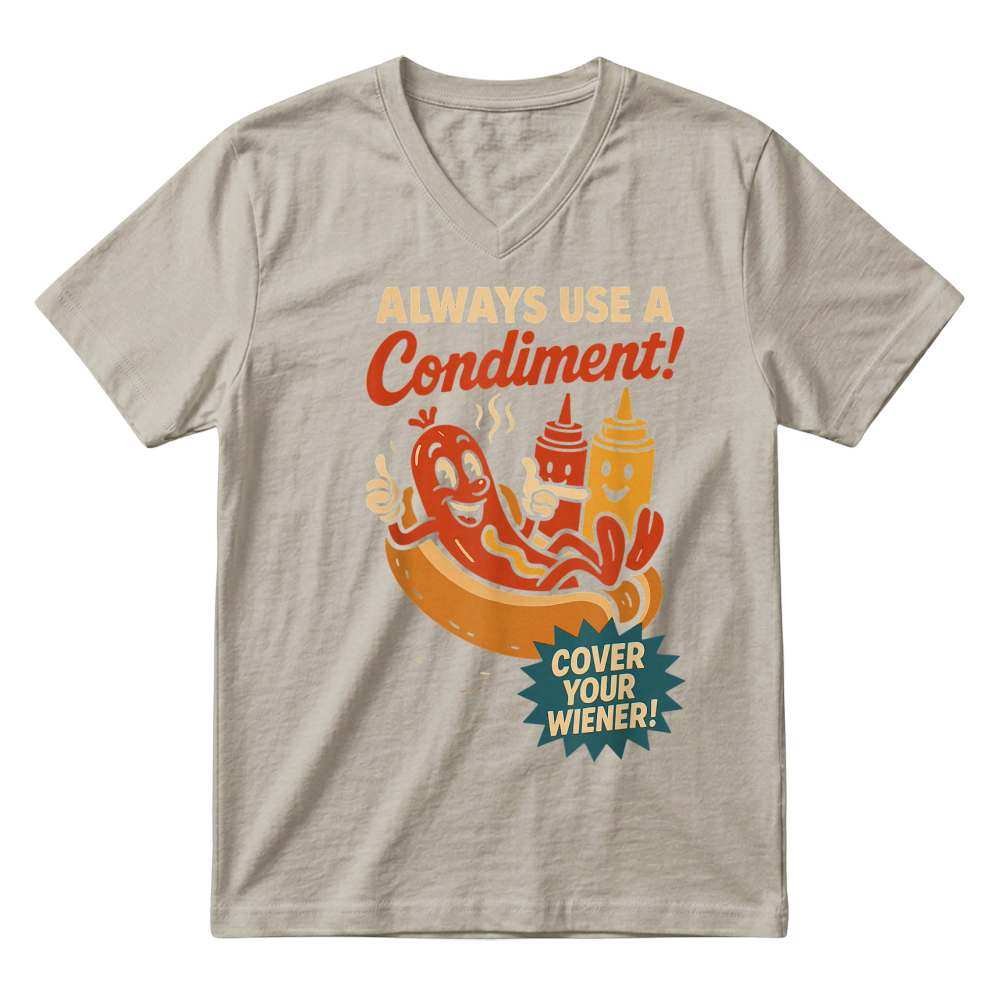 Product Always Use a Condiment Cover Your Wiener Funny Hot Dog T Shirt V-Neck T-shirt