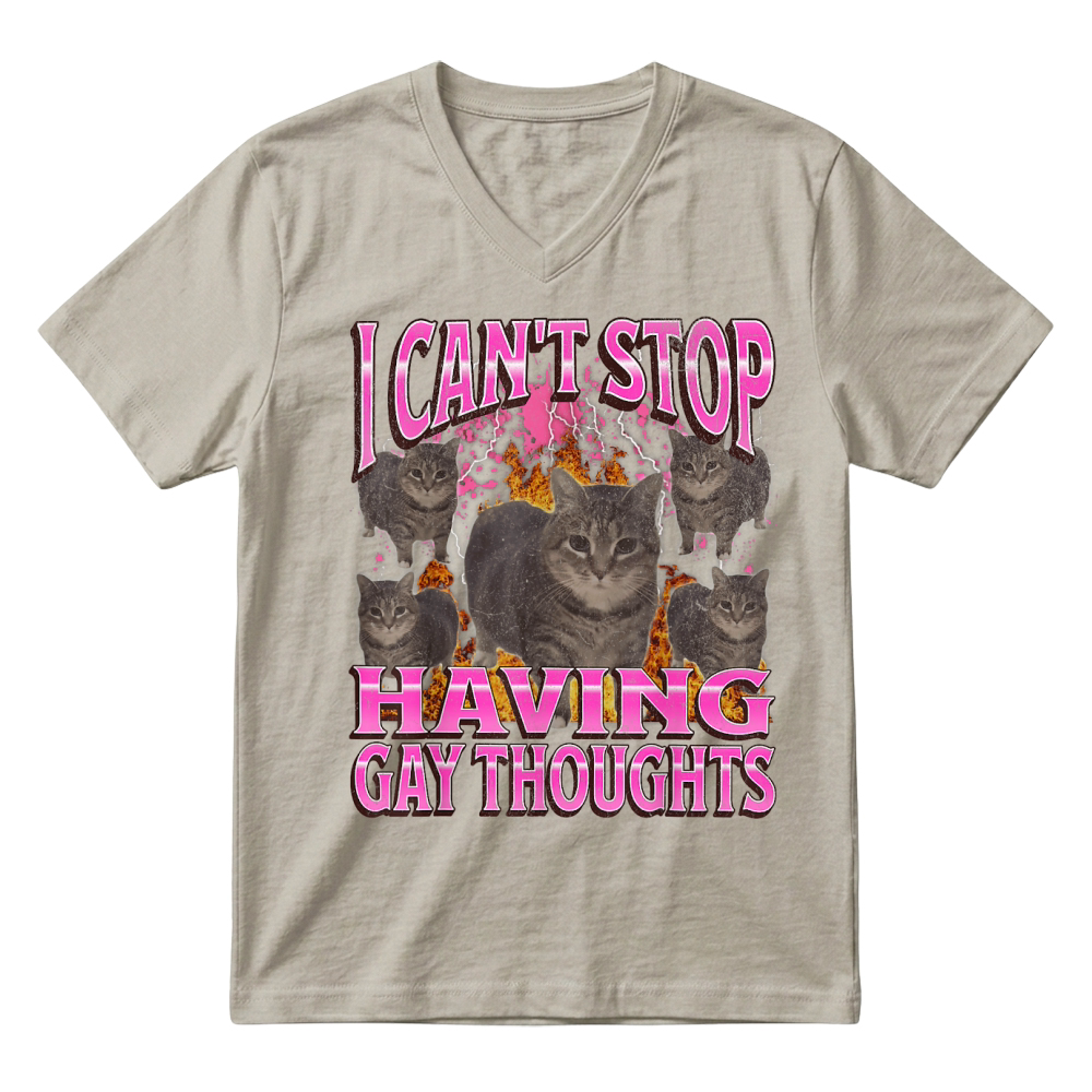 Product Can't Stop Having Gay Thoughts Funny Cat Meme Bootleg T Shirt V-Neck T-shirt