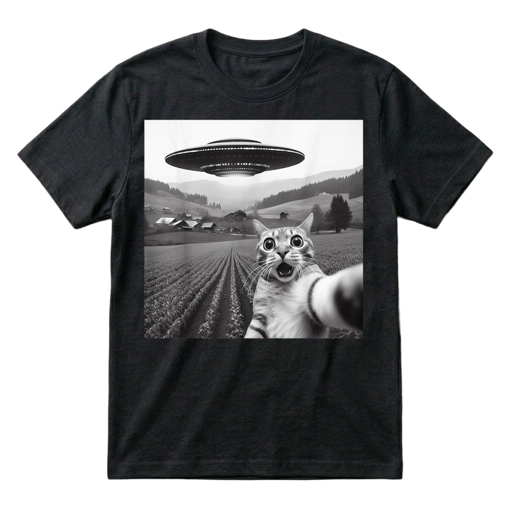Product Cat Selfie with Alien UFO Funny Cat Gifts for Men Women Kid T Shirt T-Shirt