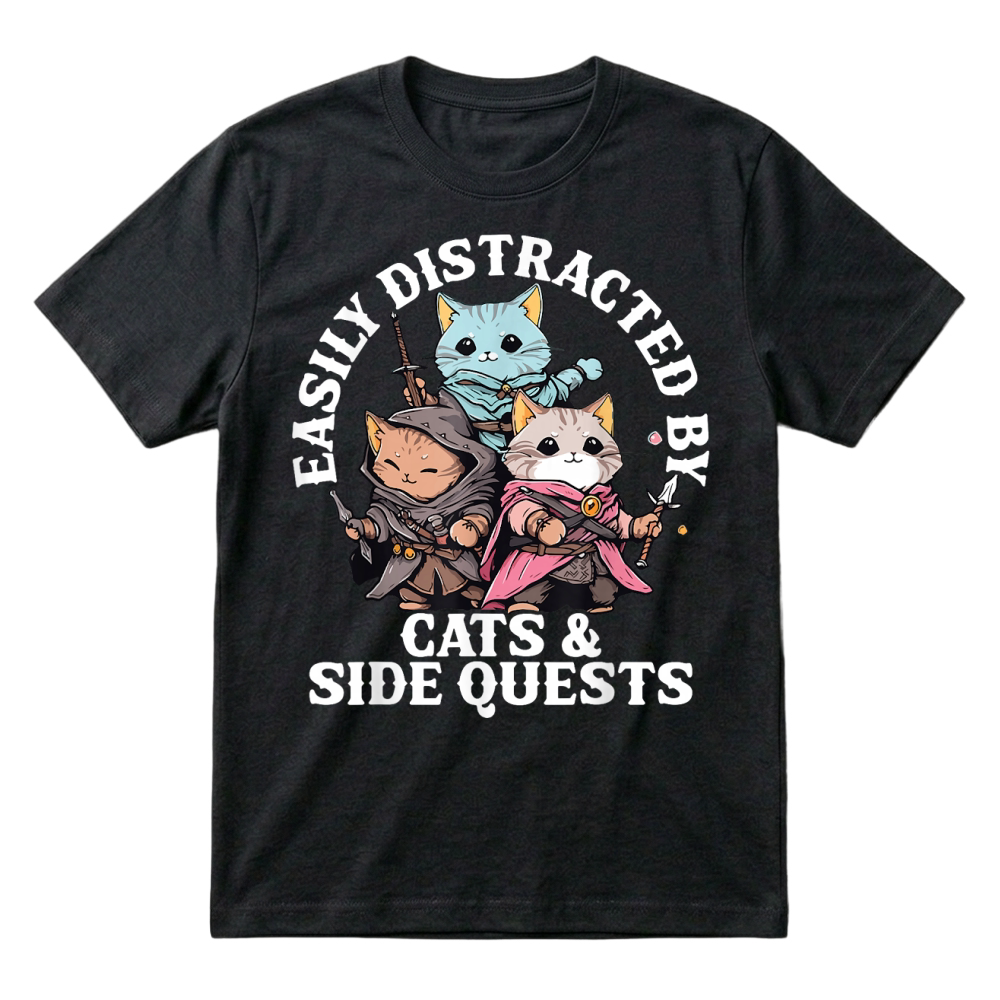 Product Cats Side Quest Distracted Tabletop Funny T-Shirt