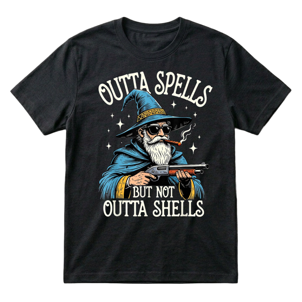 Product Fantasy Wizard Meme Outta Spells But Not Outta Shells Funny T Shirt T-Shirt