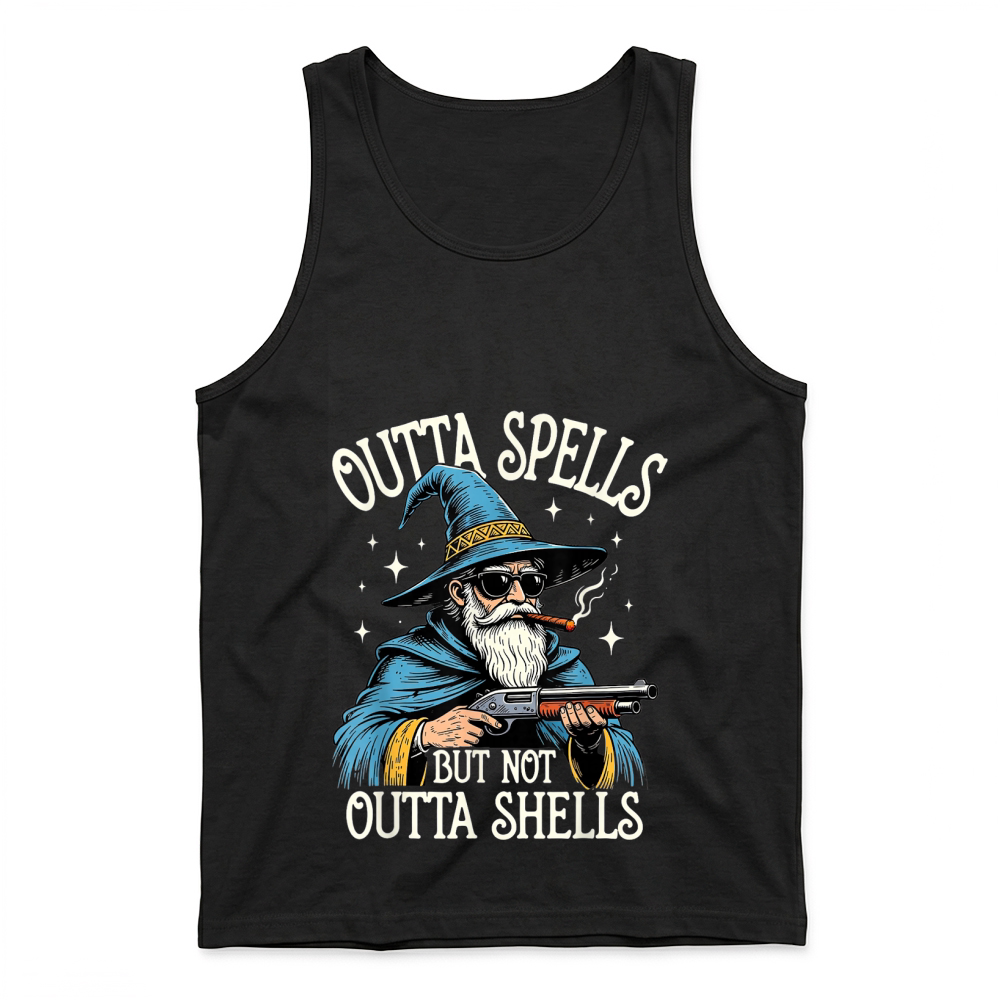 Product Fantasy Wizard Meme Outta Spells But Not Outta Shells Funny T Shirt Tank Top