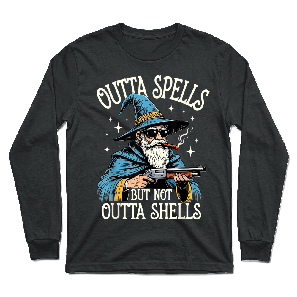 Product Fantasy Wizard Meme Outta Spells But Not Outta Shells Funny T Shirt Unisex Longsleeve