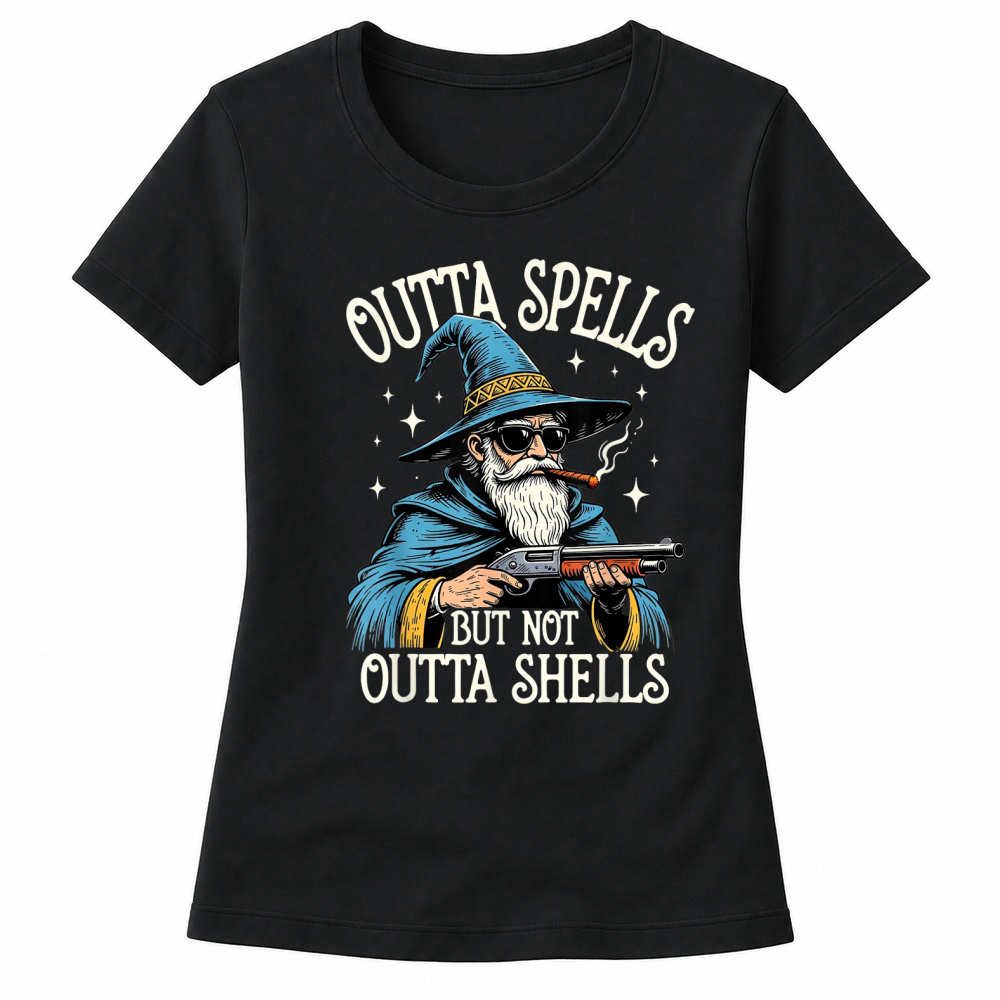 Product Fantasy Wizard Meme Outta Spells But Not Outta Shells Funny T Shirt Women's T-shirts