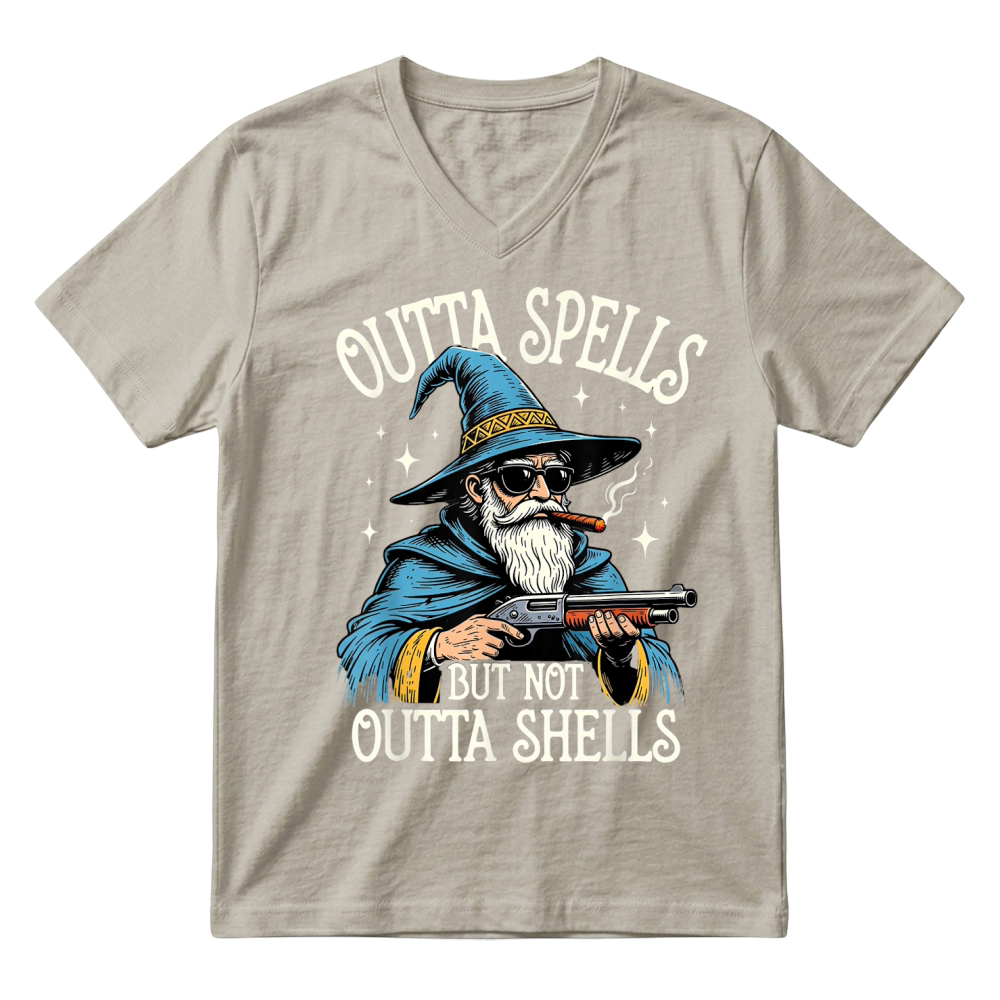 Product Fantasy Wizard Meme Outta Spells But Not Outta Shells Funny T Shirt V-Neck T-shirt