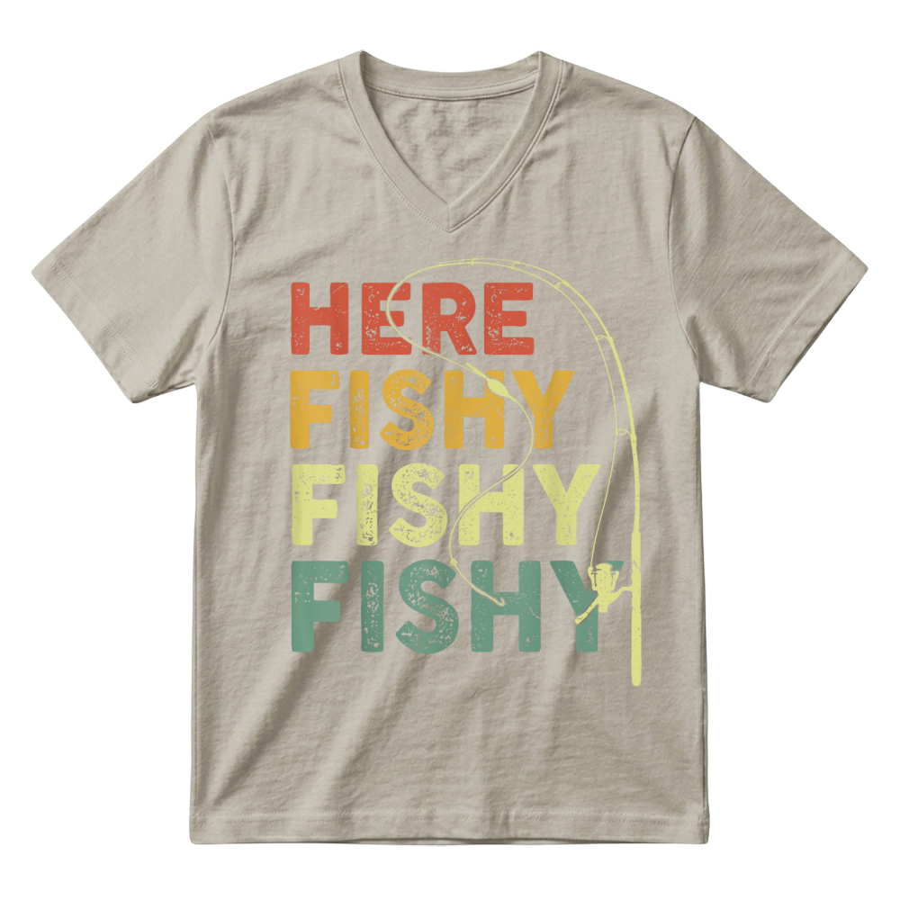 Product Fishing Here Fishy Bass Fish Dad Funny T Shirt V-Neck T-shirt
