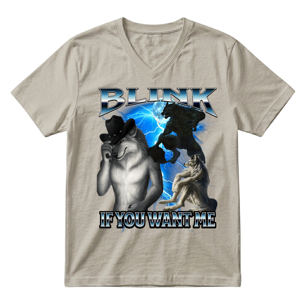 Product Funny Alpha Wolf Meme Blink If You Want Me Bootleg T Shirt V-Neck T-shirt