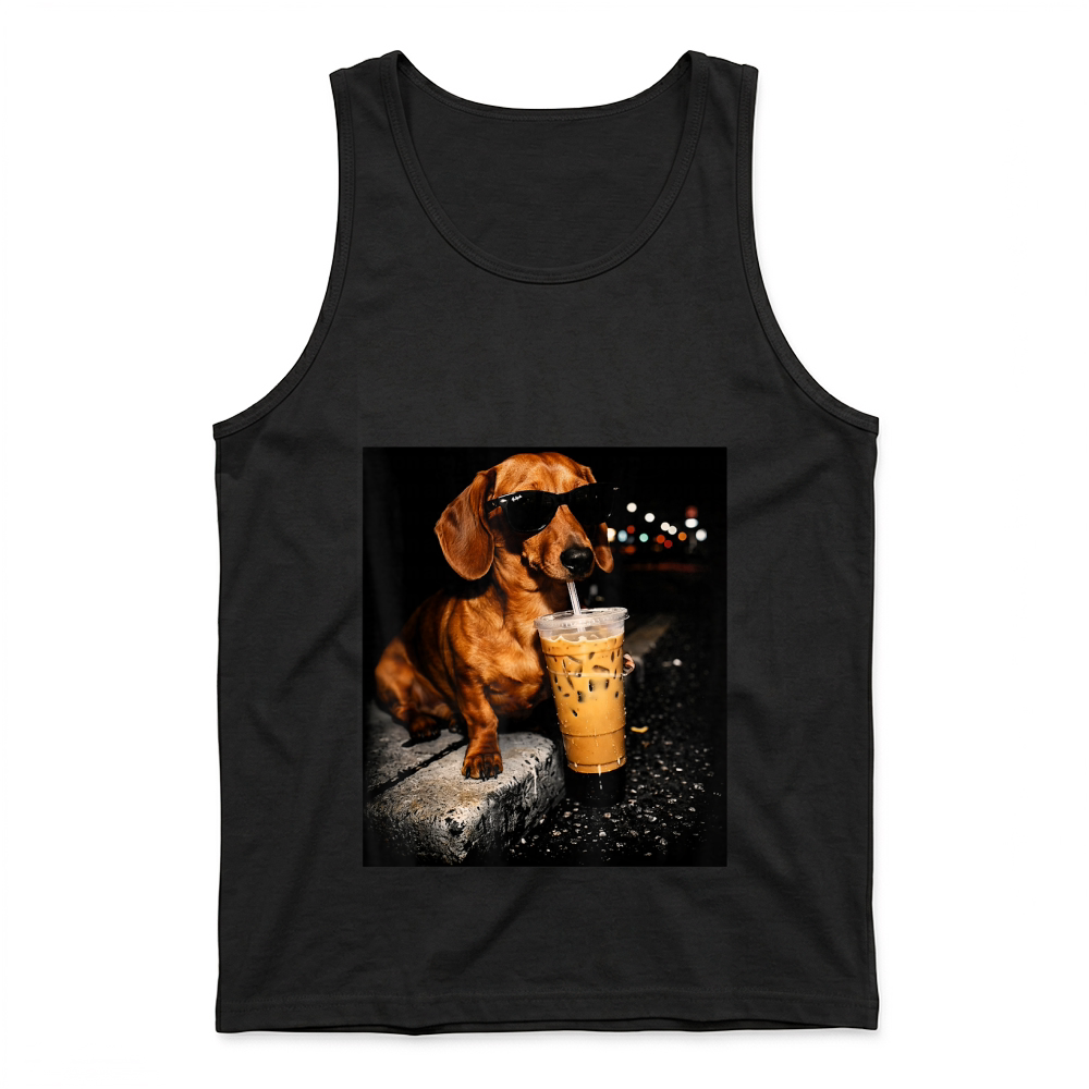 Product Funny Dachshund Drinking Iced Coffee Washed T Shirt Tank Top