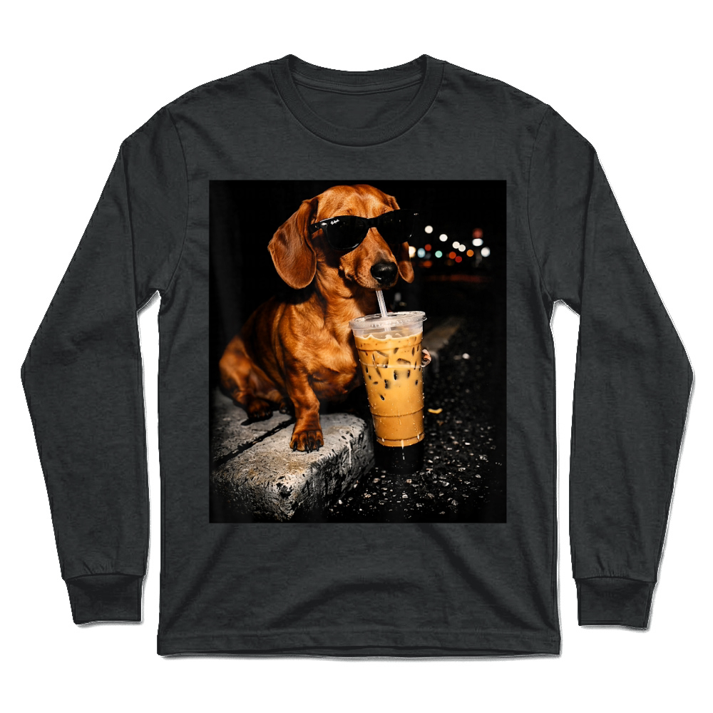 Product Funny Dachshund Drinking Iced Coffee Washed T Shirt Unisex Longsleeve