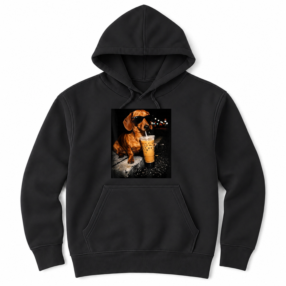 Product Funny Dachshund Drinking Iced Coffee Washed T Shirt Unisex Hoodie