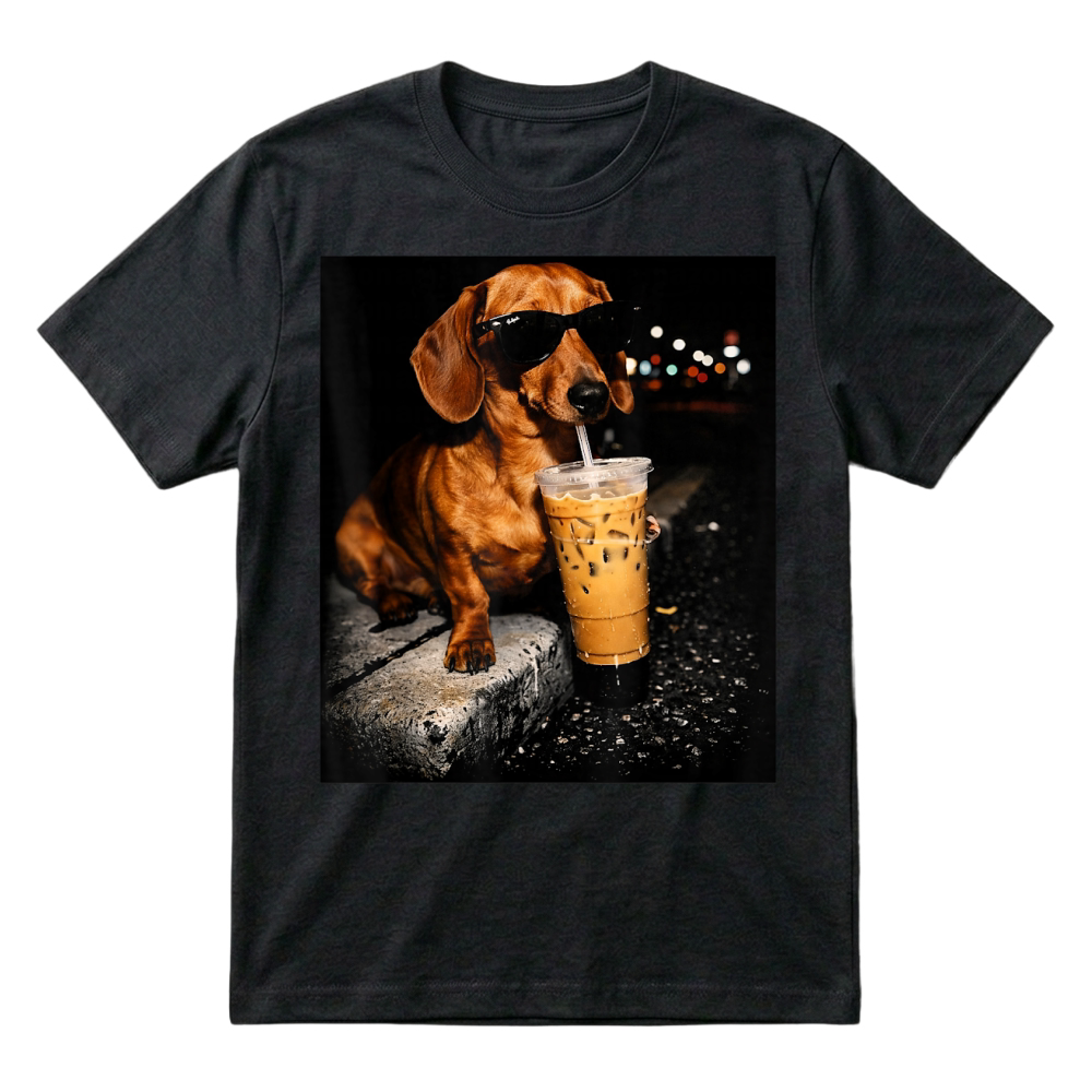 Product Funny Dachshund Drinking Iced Coffee Washed T Shirt T-Shirt