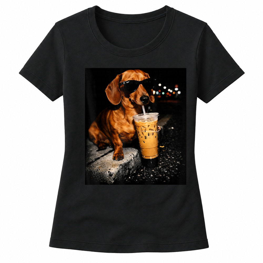 Product Funny Dachshund Drinking Iced Coffee Washed T Shirt Women's T-shirts