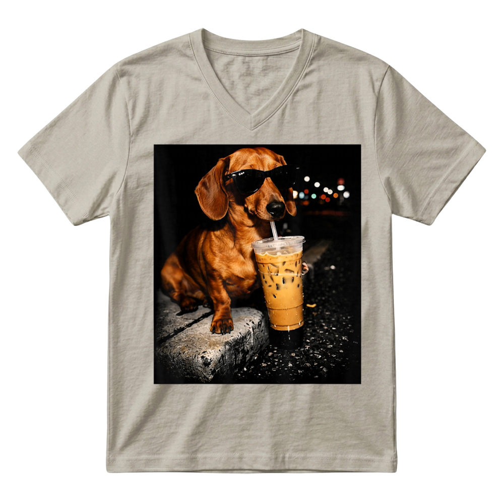 Product Funny Dachshund Drinking Iced Coffee Washed T Shirt V-Neck T-shirt