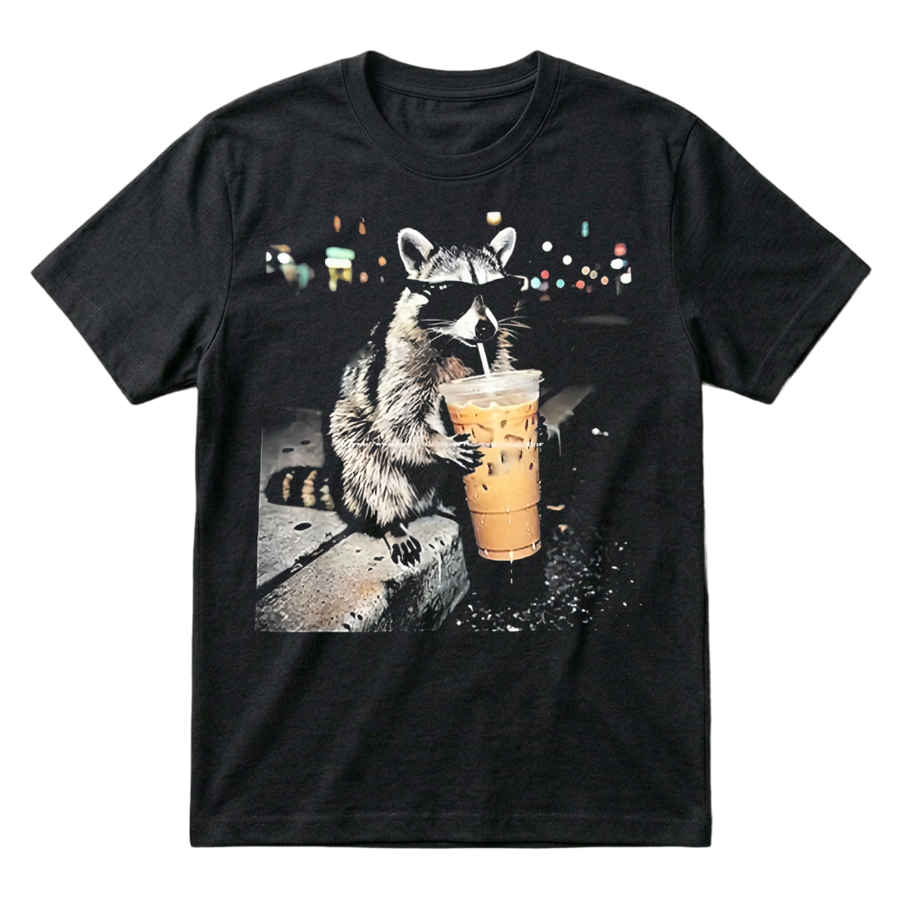 Product Funny Raccoon Drinking iced Coffee T Shirt T-Shirt