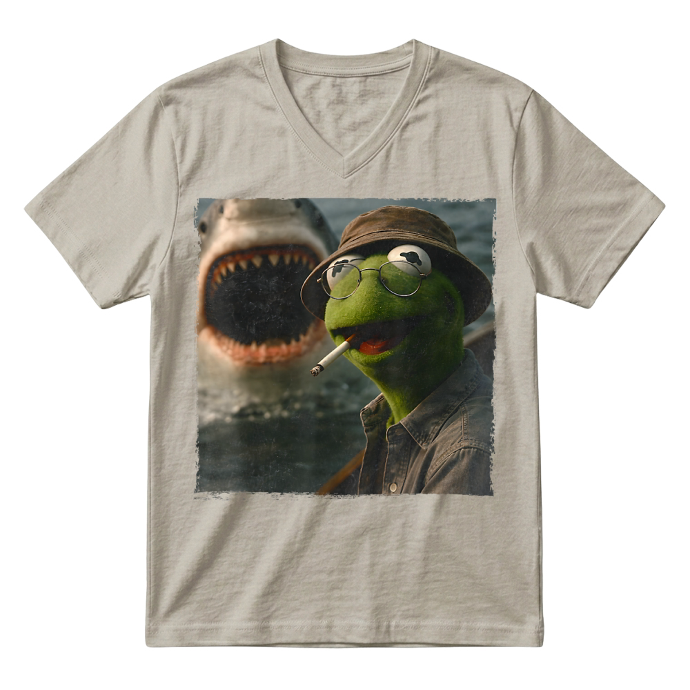 Product Funny Smoking Frog Meme Vintage Shark Attack Parody Tee T Shirt V-Neck T-shirt