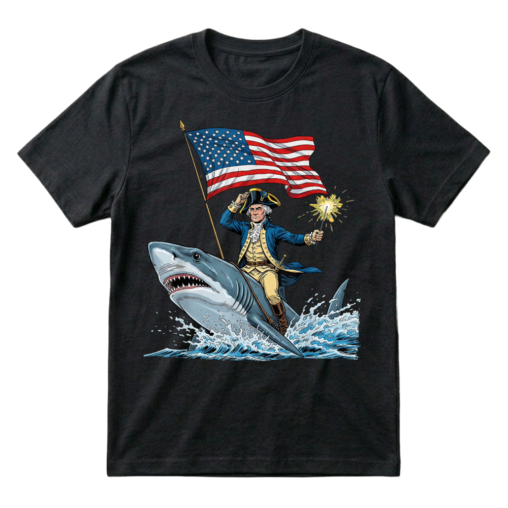 Product George Washington Riding Shark Funny July 4th American Flag T Shirt T-Shirt