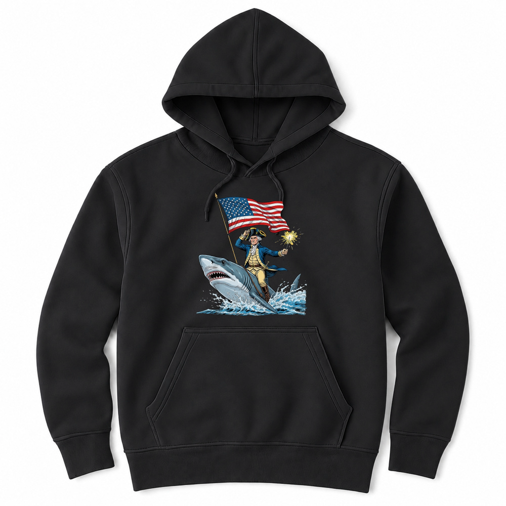 Product George Washington Riding Shark Funny July 4th American Flag T Shirt Unisex Hoodie