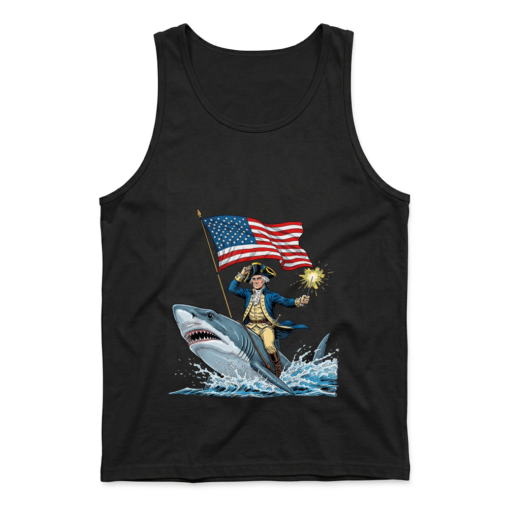 Product George Washington Riding Shark Funny July 4th American Flag T Shirt Tank Top