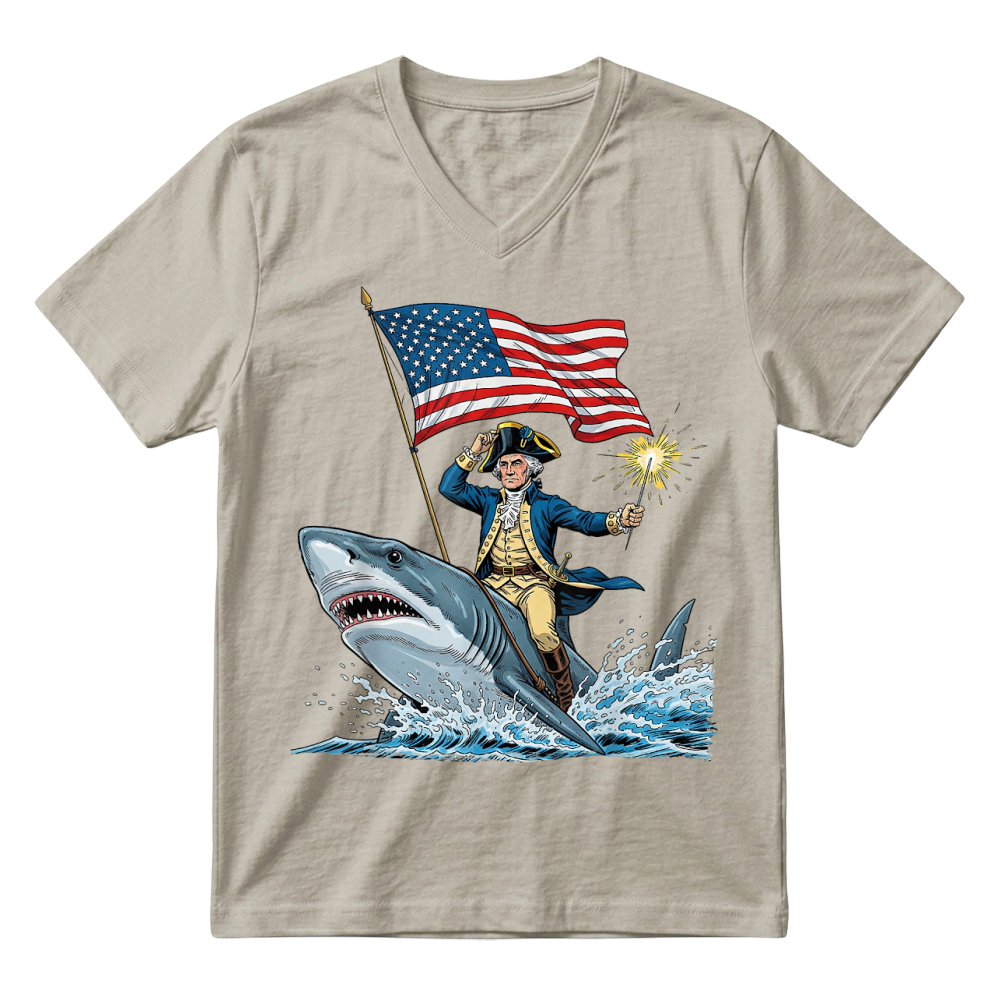 Product George Washington Riding Shark Funny July 4th American Flag T Shirt V-Neck T-shirt