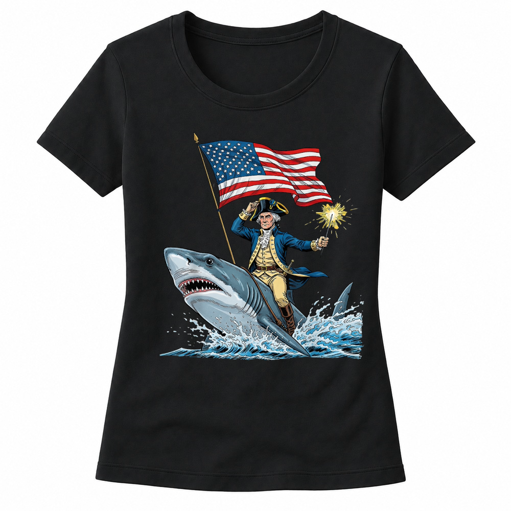Product George Washington Riding Shark Funny July 4th American Flag T Shirt Women's T-shirts