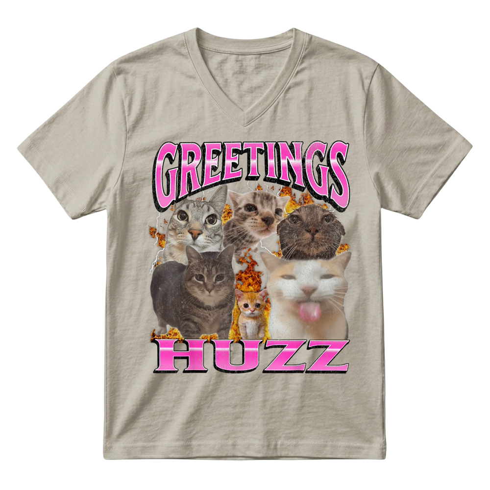 Product Greetings Huzz Funny Cat Meme Bootleg Graphic V-Neck T-shirt