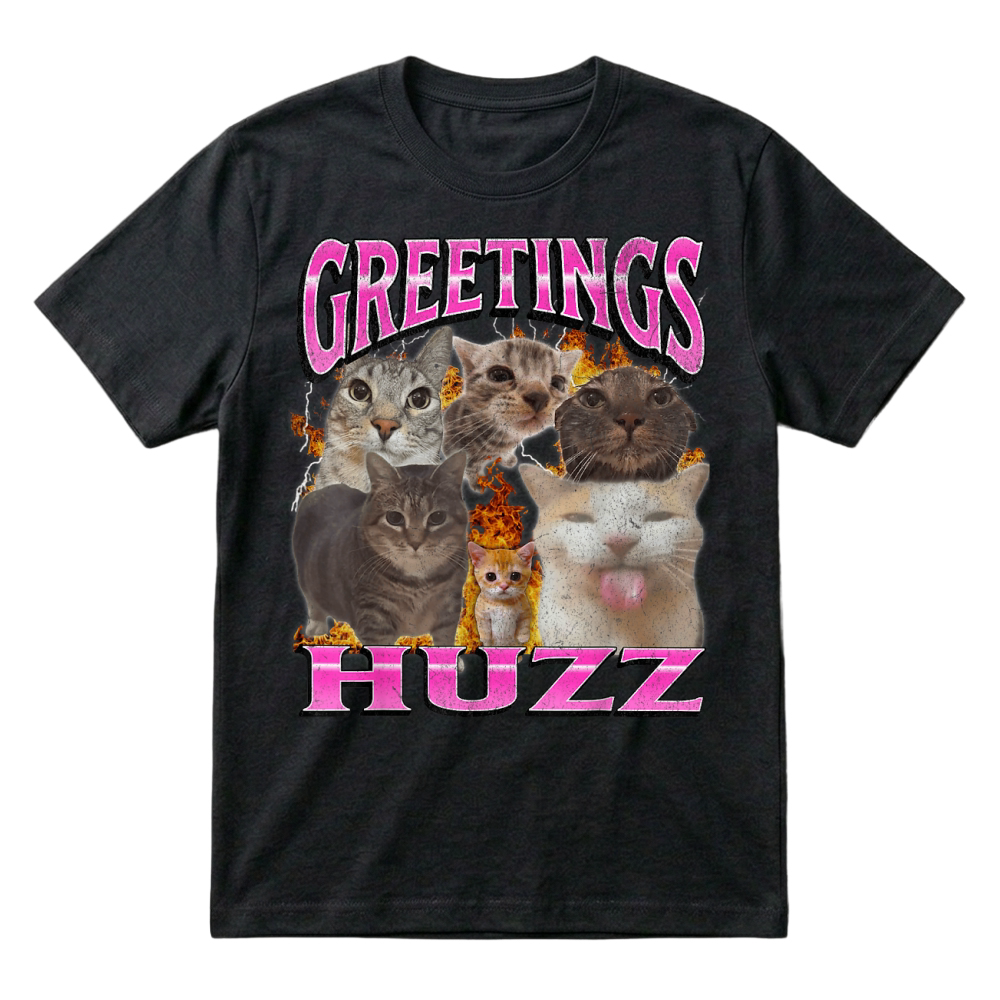 Product Greetings Huzz Funny Cat Meme Bootleg Graphic T-Shirt