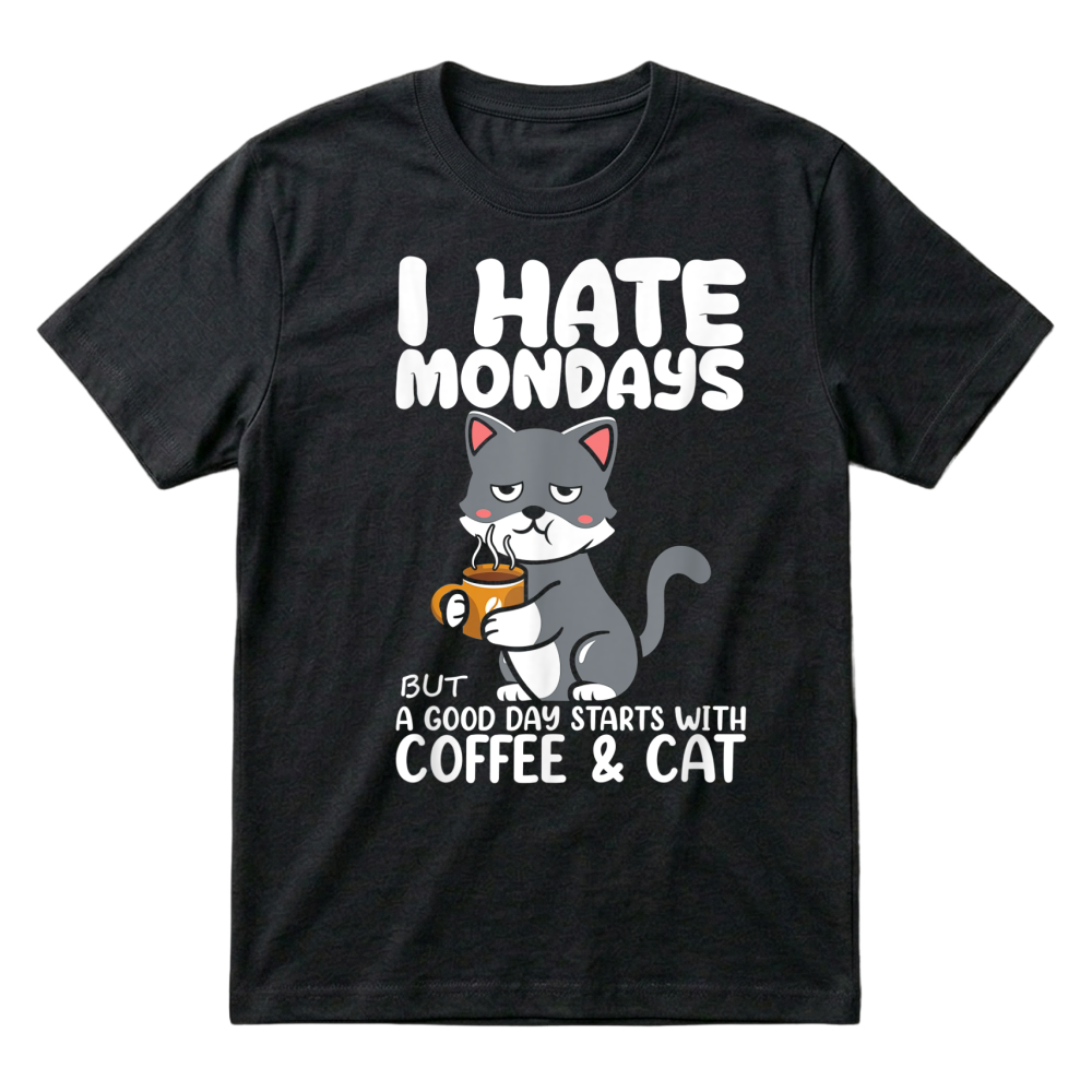 Product I Hate Mondays But Good Days Start With Coffee And Cat t shirt T-Shirt