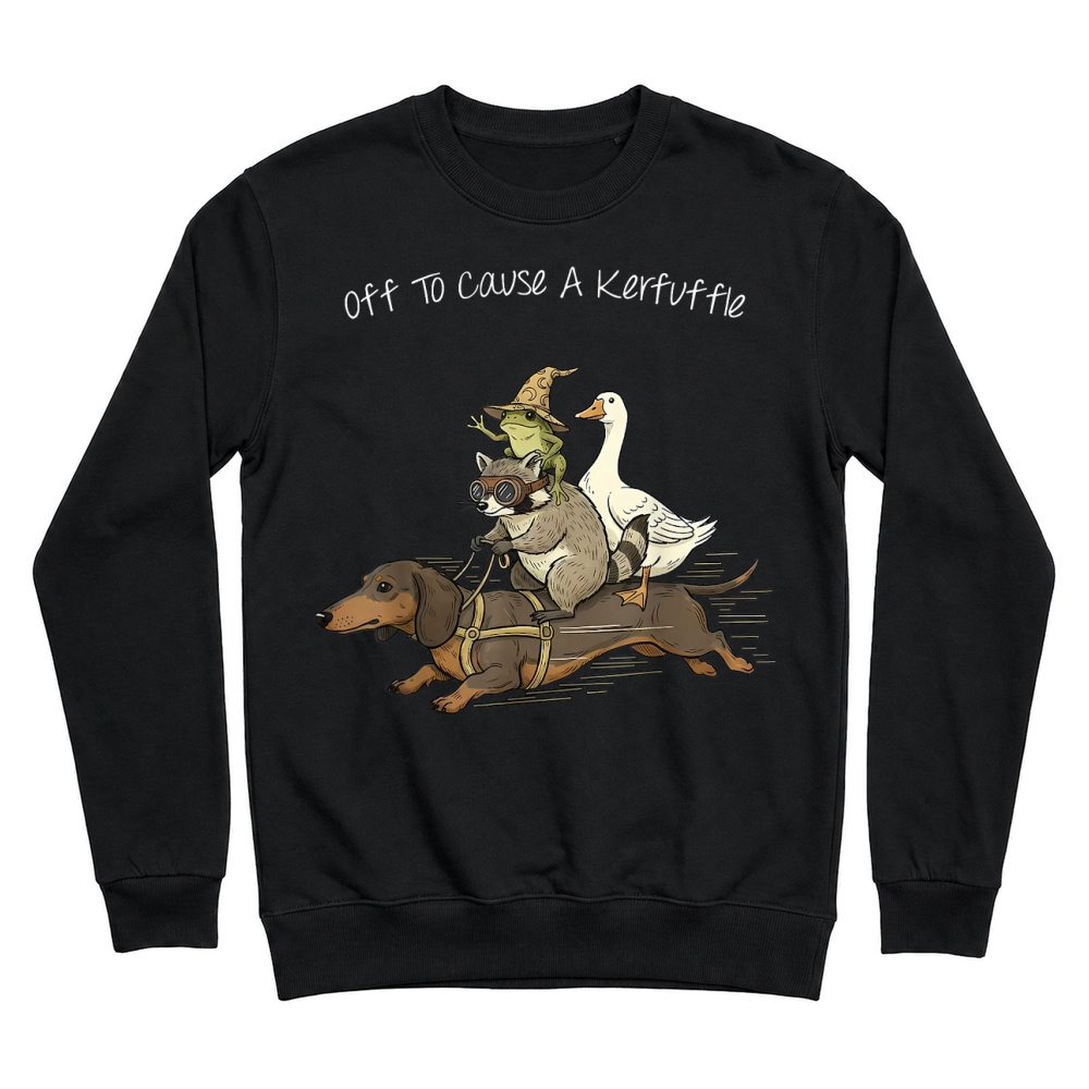 Product Off to Cause A Kerfuffle Frog Raccoon Goose Riding Dachshund T Shirt Unisex Sweatshirt