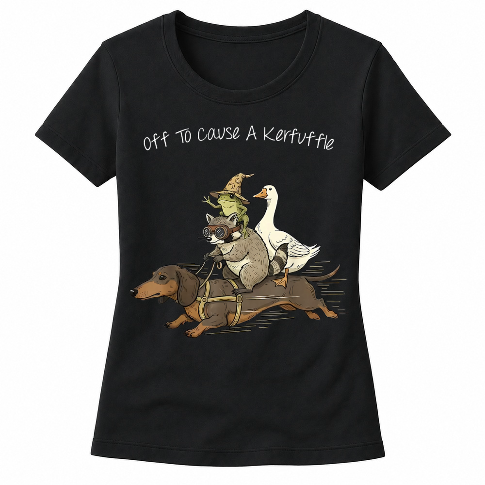 Product Off to Cause A Kerfuffle Frog Raccoon Goose Riding Dachshund T Shirt Women's T-shirts