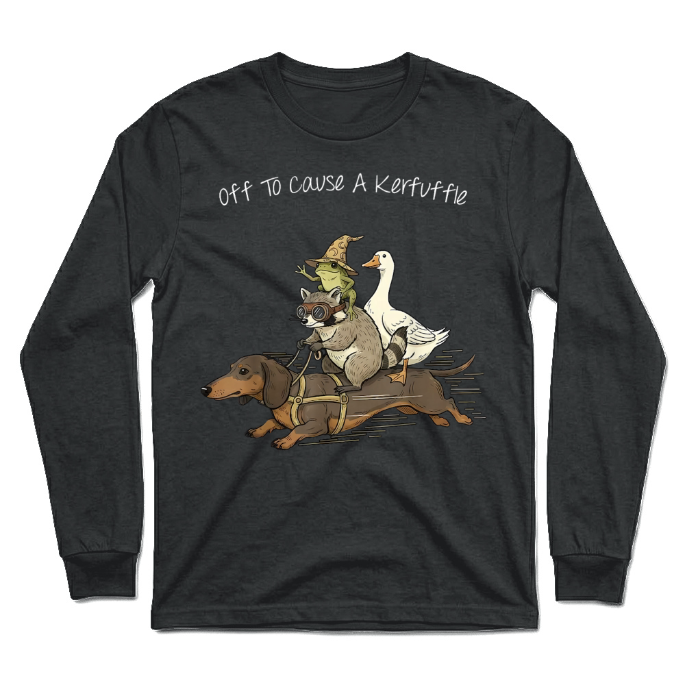 Product Off to Cause A Kerfuffle Frog Raccoon Goose Riding Dachshund T Shirt Unisex Longsleeve