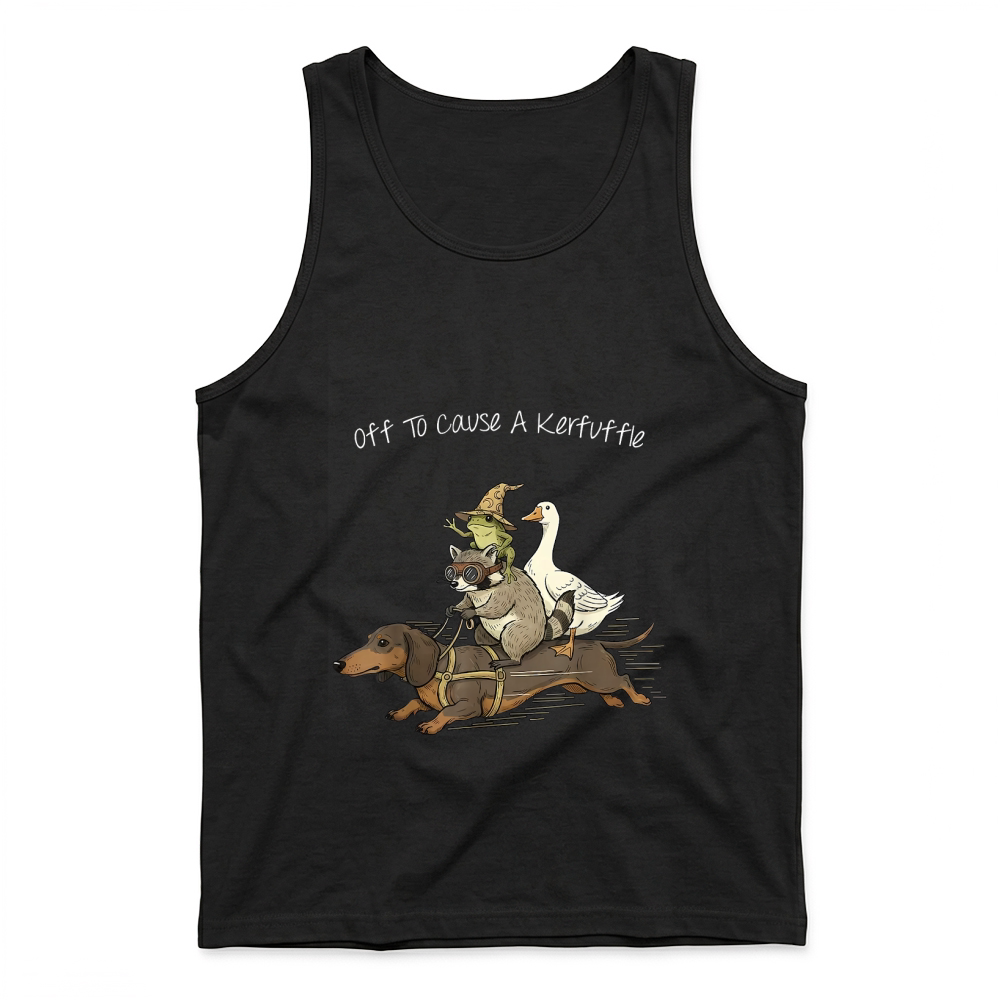 Product Off to Cause A Kerfuffle Frog Raccoon Goose Riding Dachshund T Shirt Tank Top
