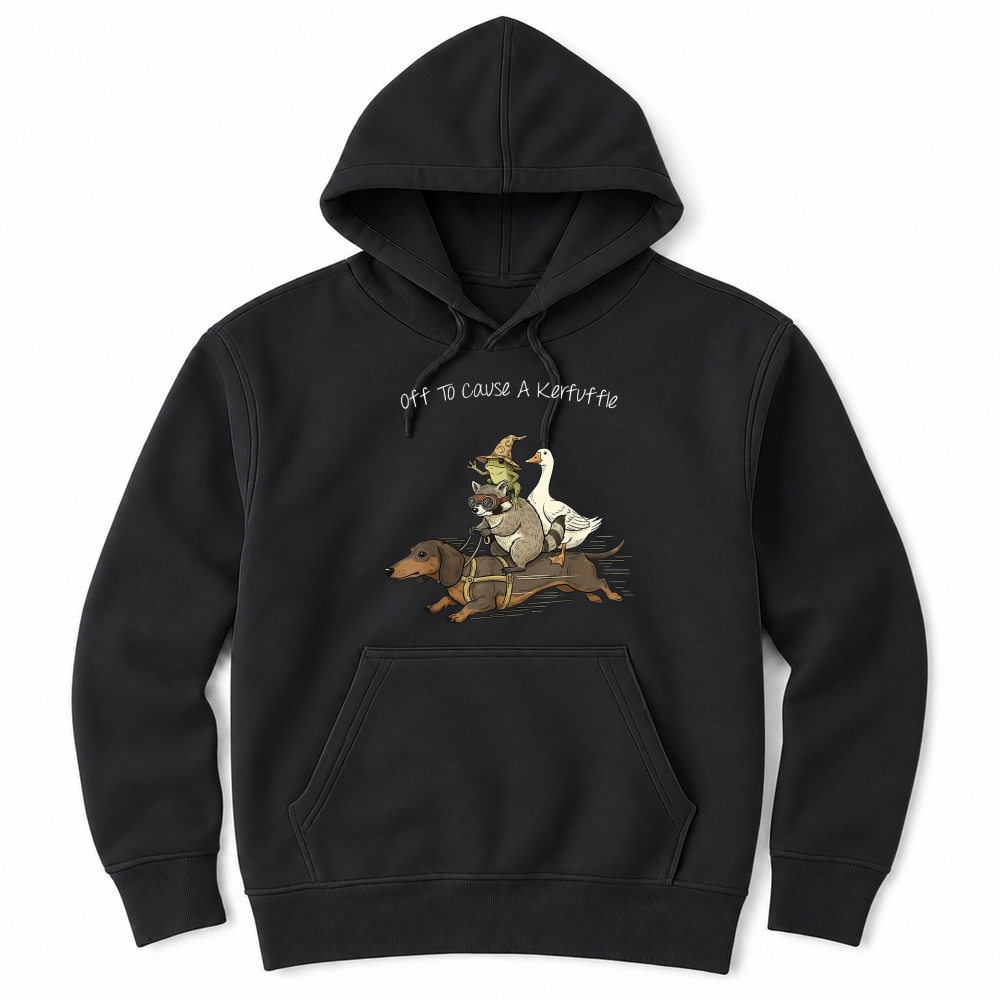 Product Off to Cause A Kerfuffle Frog Raccoon Goose Riding Dachshund T Shirt Unisex Hoodie