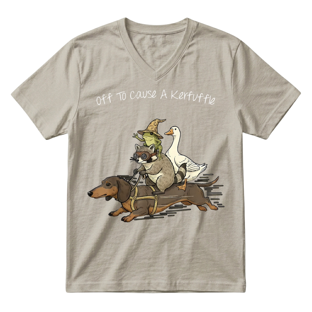 Product Off to Cause A Kerfuffle Frog Raccoon Goose Riding Dachshund T Shirt V-Neck T-shirt