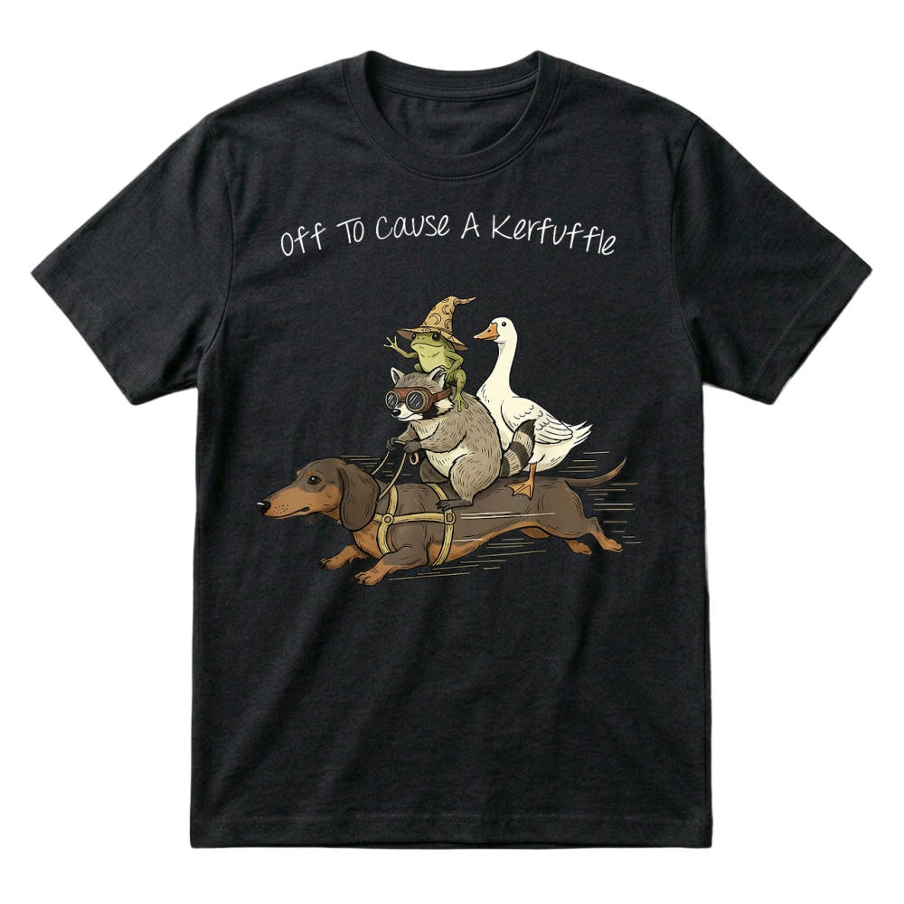 Product Off to Cause A Kerfuffle Frog Raccoon Goose Riding Dachshund T Shirt T-Shirt