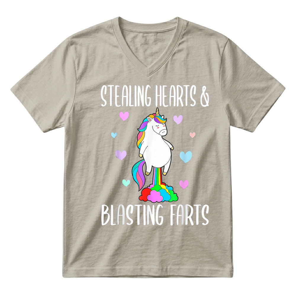 Product Stealing Hearts Blasting Farts Valentines Day Unicorn Funny V-Neck T-shirt