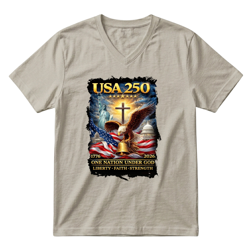 Product USA 250 One Nation Under God 1776 2026 V-Neck T-shirt