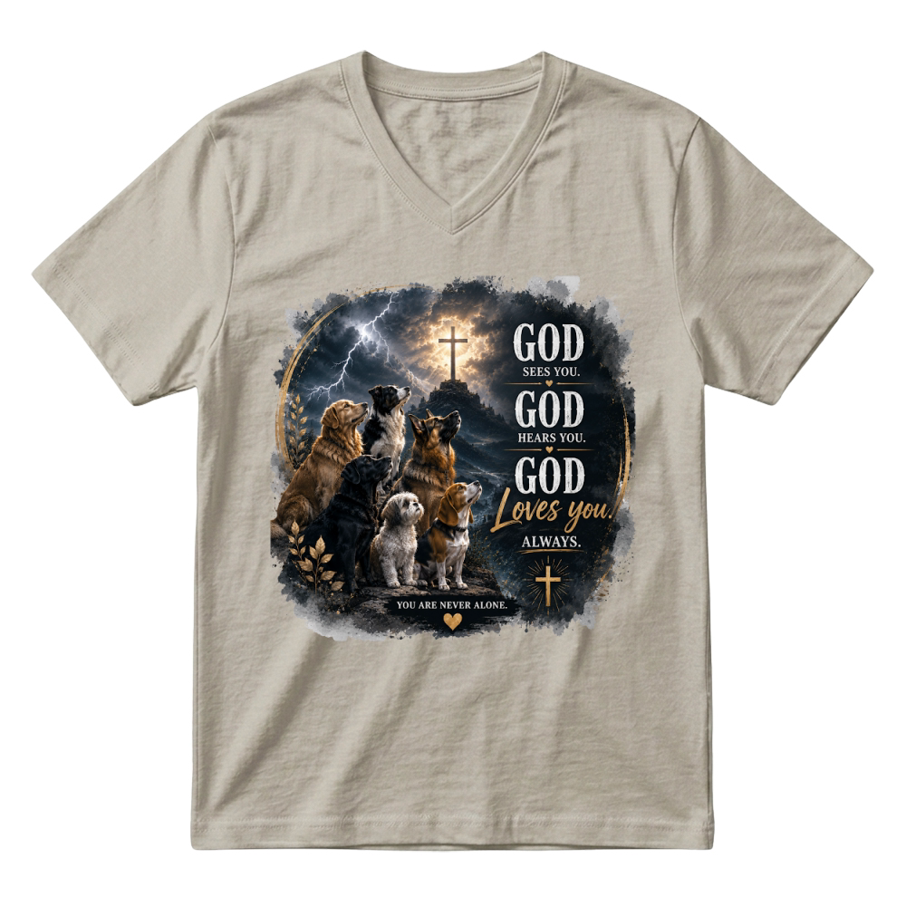 Product God Sees You Hears You Loves You V-Neck T-shirt