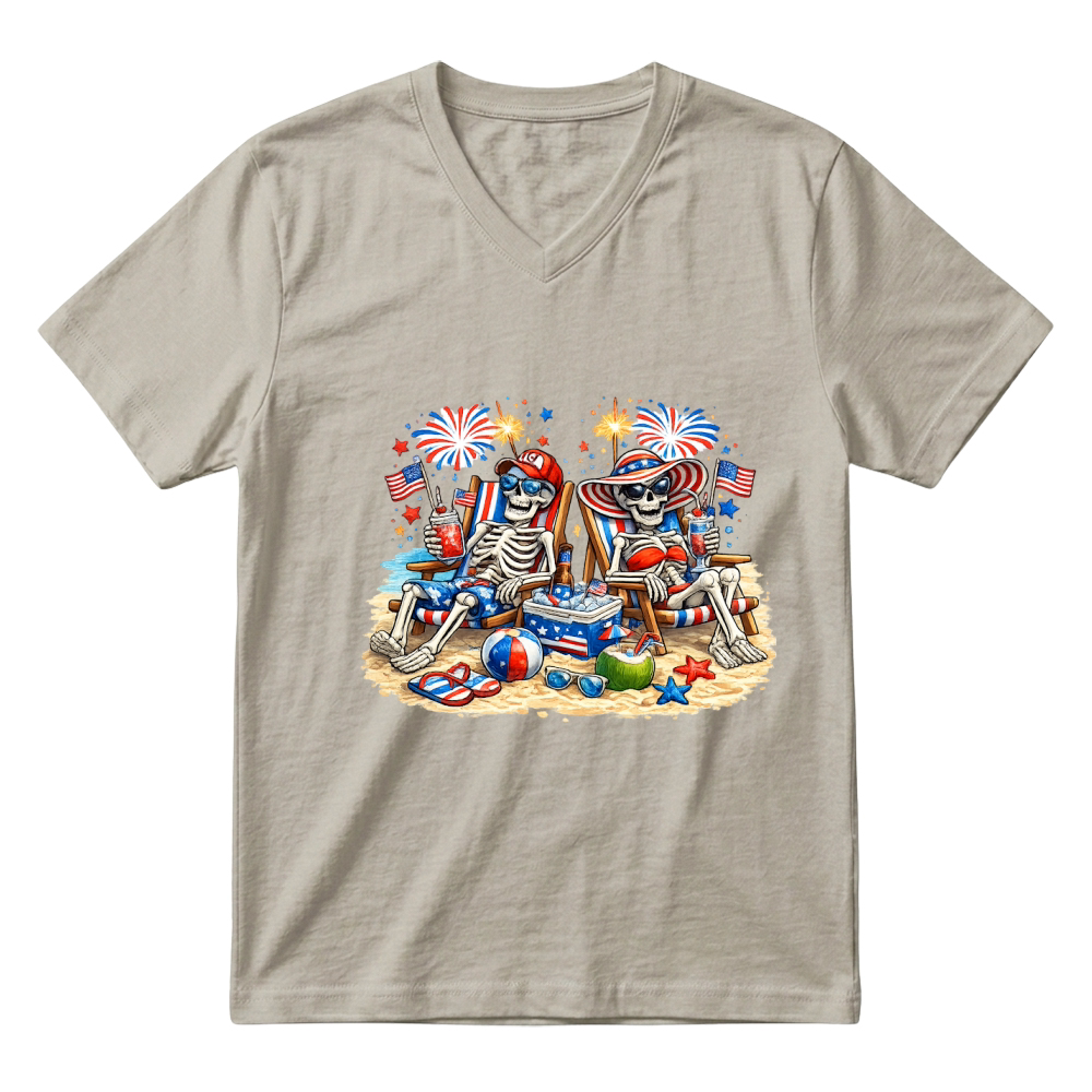Product 4th of July Patriotic Skeleton Beach V-Neck T-shirt